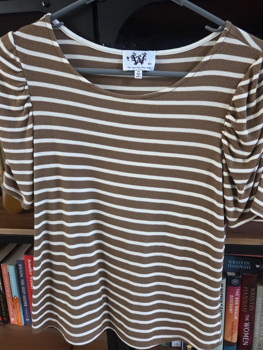 Who What Wear Brown and White Striped Puff Sleeve Tee